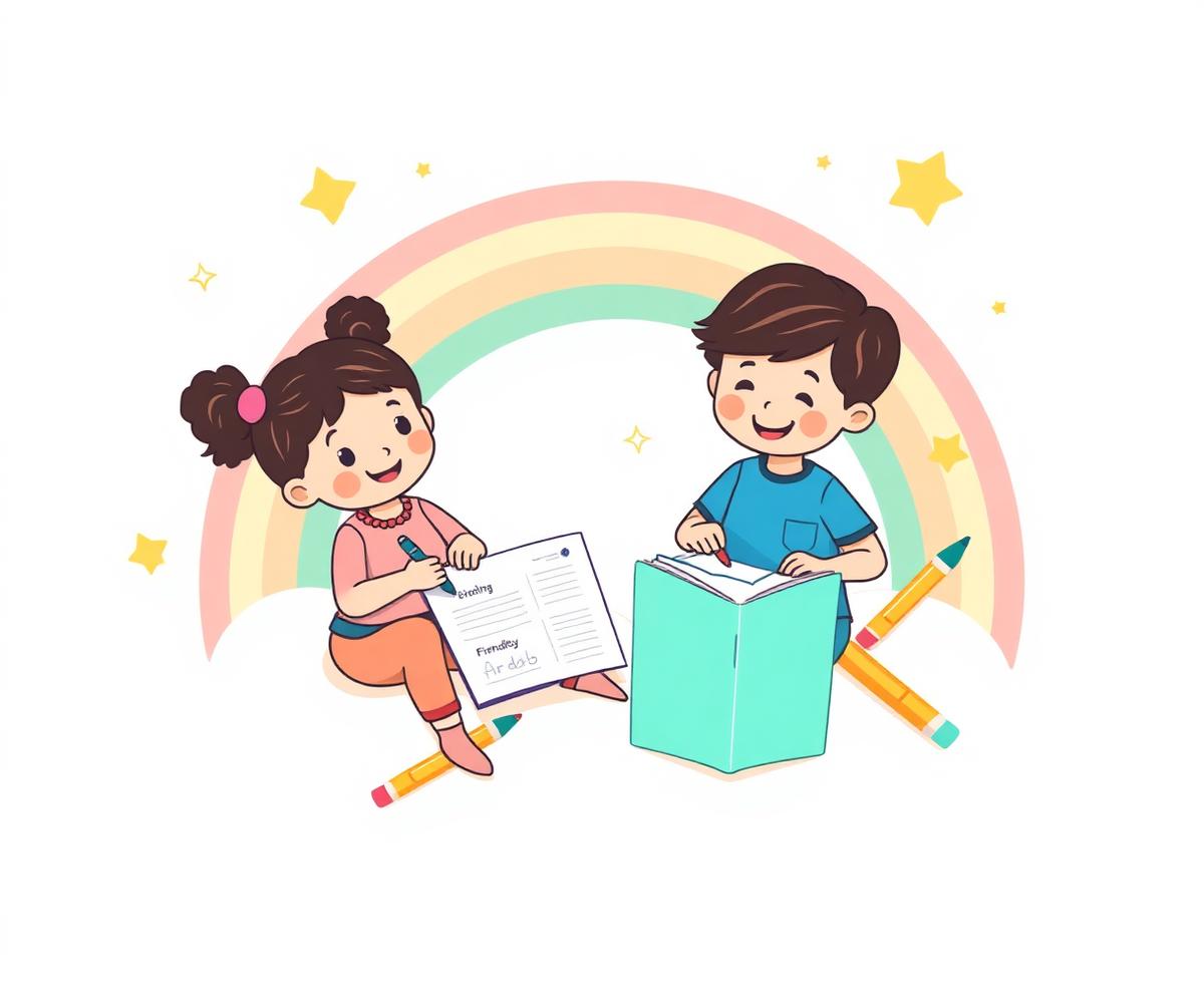 Hai bạn nhỏ vui vẻ tô màu bài tập cùng nhau